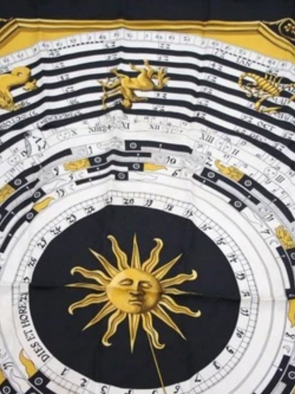 HERMES Carré 90 Silk Scarf “Dies et Hore” Astrology Motif Black & Gold